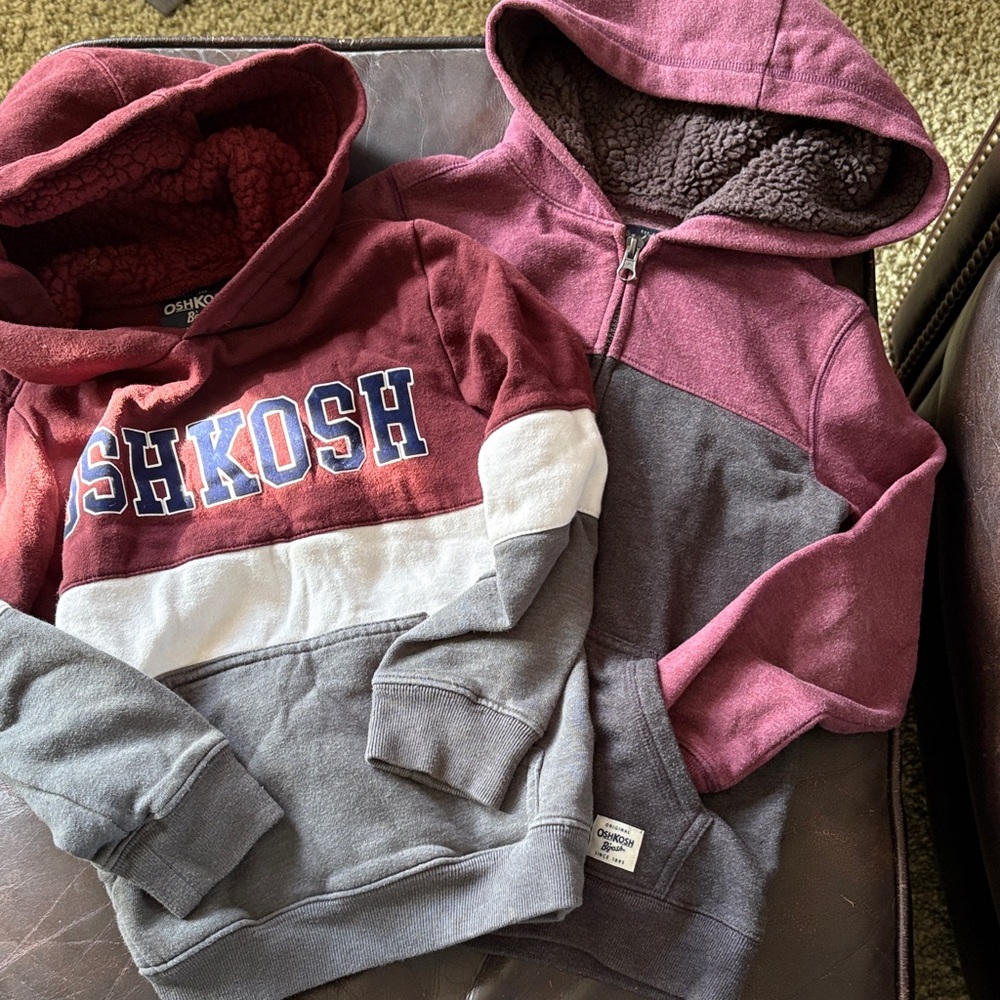 TWO OshKosh B'gosh Kids' Maroon and Gray FLEECE LINED Hoodies